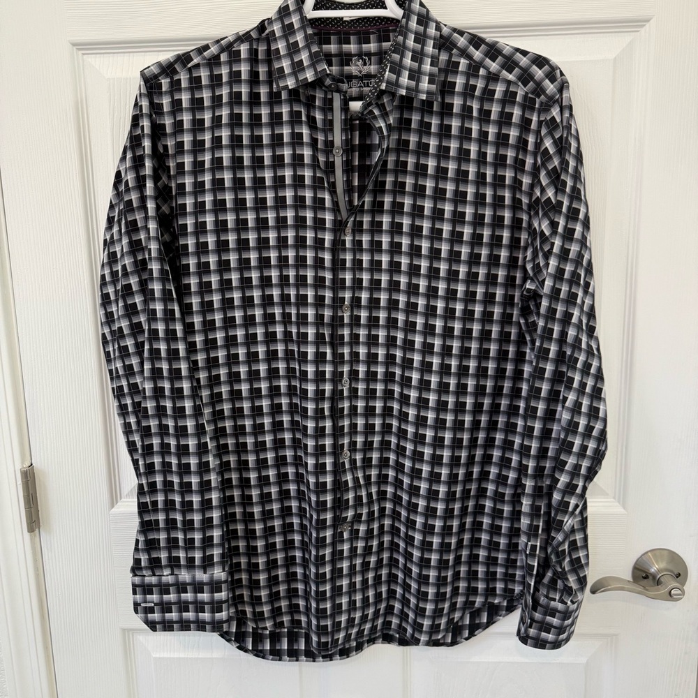 Bugatti Shirt Mens Large Black White‎ Geometric Checkered Buttonup Collared